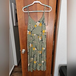 Floral Spaghetti-Strap Midi Dress in Olive Green